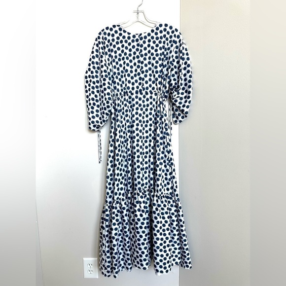 More of Me Maternity 100% Silk Maxi Dress Ruched Sleeves Polka Dot Blue White - Picture 6 of 9